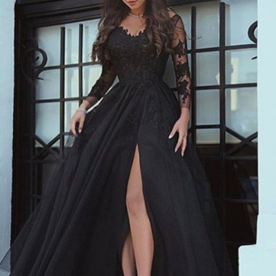  O-Neck Prom Dress,A-Line Prom Gown,Appliques Prom Dresses,Long Prom Dresses,Cheap Prom Dresses, Black Evening Dress,Formal Women Dress,Long Sleeves Prom Dress