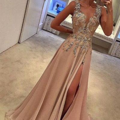 Sexy Prom Dress,Deep V Neck Prom Dresses with Split Side,Appliques Prom Gowns,A Line Prom Gown,Long Prom Dress