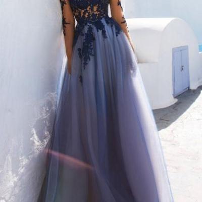 Charming Prom Dress,Long Sleeve Prom Dress,Appliques Prom Dresses,Sexy Prom Dress,See Though Evening Dress,Blue Prom Dresses DS35