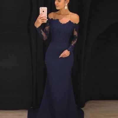 Navy Prom Dresses,Mermaid Prom Dress,Off the Shoulder Prom Dress,Long Prom Dresses with Long Sleeves DS155