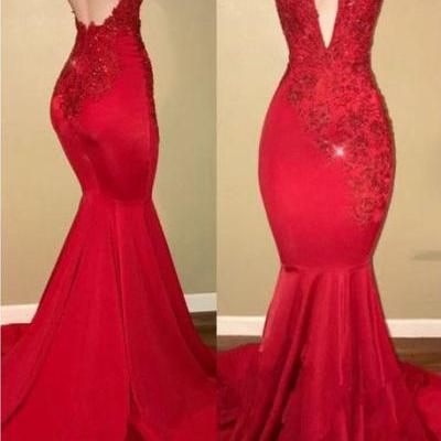 Sexy Prom Dresses,Halter Prom Gown,Mermaid Prom Dress,2018 Prom Dress,Lace Appliques Prom Dresses,Red Prom Dress DS189