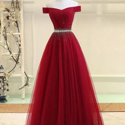 Burgundy prom dresses,tulle prom gown,off shoulder prom dresses,long prom dress,a line evening dress DS207