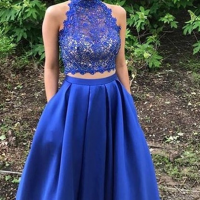 Royal Blue Prom Dress,Two-Piece Prom Gown,Lace Prom Dress,Long Prom Dress,Prom Dresses With Pockets DS219