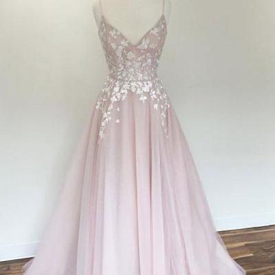 Light pink prom gown,v neck prom dress,tulle prom dresses,long prom dress,straps evening dress DS315