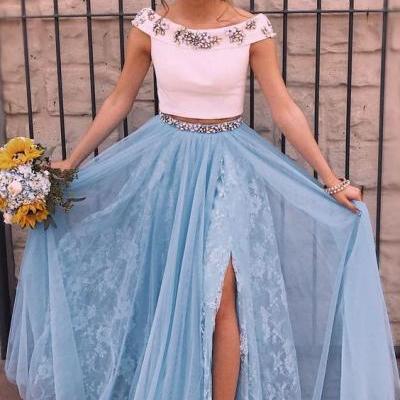 Two Piece Prom Dresses,Off-the-Shoulder Prom Dress,Blue Prom Gown,Split Prom Dress with Beading DS330