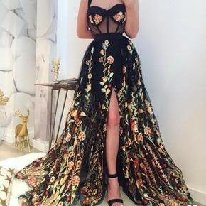 Floral Prom Dresses,Long Prom Dress,Sweetheart Prom Dresses,Split Prom Gown,A Line Prom Dresses DS461