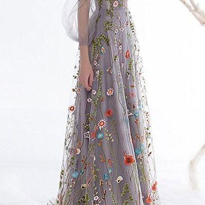Floral Prom Dress,Long Sleeves Evening Dresses,A Line Prom Dresses DS475