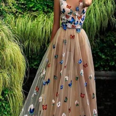 Champagne Prom Dresses,Tulle Prom Dress,Long Prom Dress,Butterfly Prom Dresses,A Line Prom Gown DS550