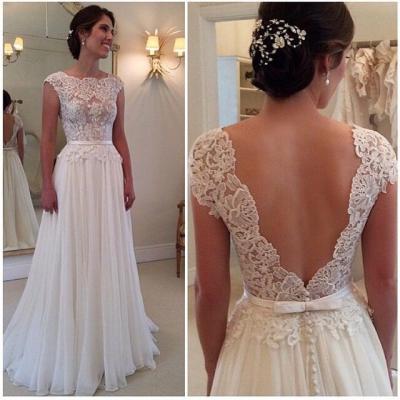 Sexy open back lace chiffon white wedding dress,cap sleeves custom mace cheap wedding gowns,front see through bridal wedding dresses