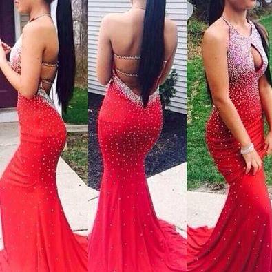 New Designer Open Back Red Mermaid Long Prom Dress,Sexy Backless Beadings Halter Evening Prom Dress,Custom Made Sheath Celebrity Dress,Prom Gown