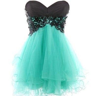 Vintage Sweetheart Black And Mint Tulle Short Prom Dress,Cute Homecoming Dress,Black Lace Short Cocktail Dress,Mini Length Cheap Party Gown,Tulle Skirt Prom