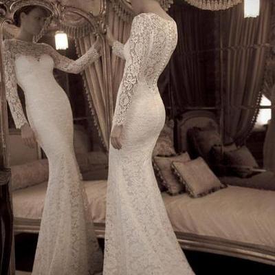 Sexy Long Sleeves High Neck Ivory Lace Mermaid Wedding Dress See Through Trumpet Bridal Wedding Dresses Handmade Bridal Wedding Gown Mermaid Prom Dress