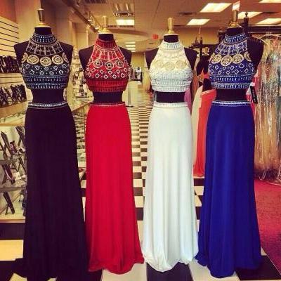 High Neck Crystal Diamond Removable Detachable Skirt Two Pieces Black Chiffon Long Prom Dress,Mid Section Red Prom Dress,Bodice Royal Blue Prom Dresses,White Evening Dress