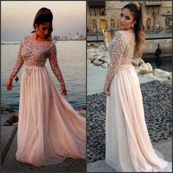  A Line Long Sleeves Boat Neck Pink Prom Dress,See Through Floor Length Beadings Prom Gown, Handmade Evening Dress,Long Formal Women Dress