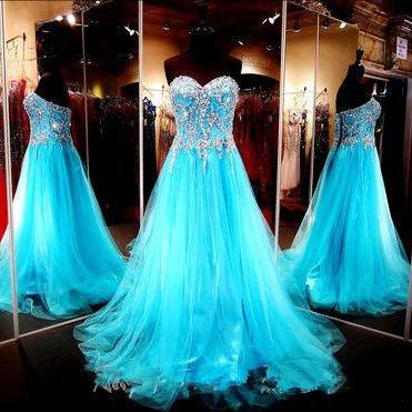Stunning Sweetheart Bodice Beaded Blue Tulle Long Prom Dress,A Line Lace Back Up Prom Gown, Handmade Evening Gowns, Formal Women Dresses