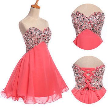 A Line Sweetheart Rhinestones Short Prom Dress Ball Gown, Coral Chiffon Homecoming Dress Lace Back Up Cocktail Dress,Mini Length Wedding Party Dress
