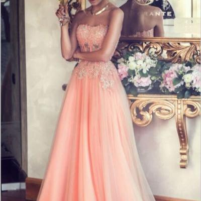 Top Selling A-line Strapless Lace Appliqued Bodice Blush Tulle Skirt Long Prom Dresses 2015, Cheap See Through Prom Dress,Custom Evening Gowns