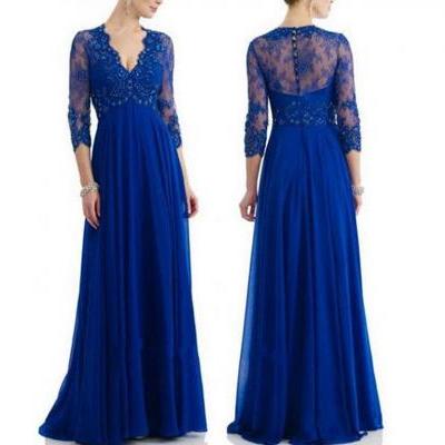 Royal Blue Lace Chiffon Long Sleeves V Neck Mother Of The Bridal Dress,See Through Back Empire Waist Long Prom Dress,Custom Made Evening Prom Gowns