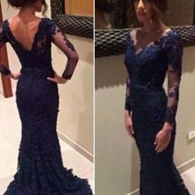 Long Sleeves Dark Blue Lace Mermaid Prom Dresses,V Neck Navy Blue Long Prom Dress,Formal Evening Prom Gowns,Mother's Dress