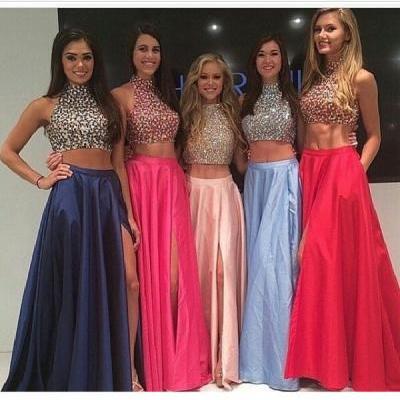 High Neck Two Piece Pink Taffeta Long Prom Dresses 2015, Front Split Mid Section Dark Blue Beadings Sexy Evening Prom Gowns,Showing Navel Formal Women Dresses,Graduation Dress PD029