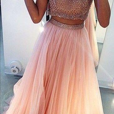 Two Pieces Prom Dresses Ball Gown High Neck With Rhinestones Beaded Mid Section Pink Tulle Prom Gown