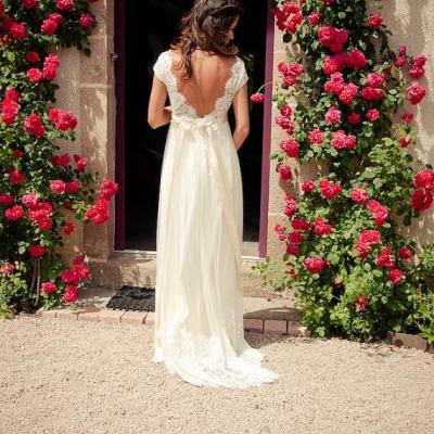 Cap Sleeves Ivory Lace Summer Beach Wedding Dress V Neck Open Back Custom Made Bridal Wedding Gown With Beaded Belt Prom Dress