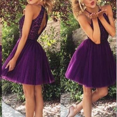 2016 New Arrival Open Back Purple Tulle Short Prom Dress Homecoming Dresses High Neck Halter Bodice Grape Mini Wedding Party Prom Gown