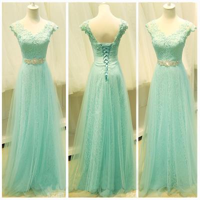 A Line Mint Lace Tulle Cap Sleeves Prom Dresses, Beaded Belt V Neck Evening Prom Gown Dress ,Custom Made Lace Back Up Girl Graduation Dress