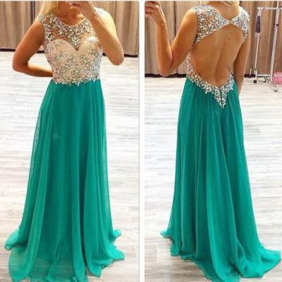 See Through Open Back Green Chiffon Beaded Long Prom Dress,A Line Backless Sexy Evening Dresses Prom,Formal Women Dresses