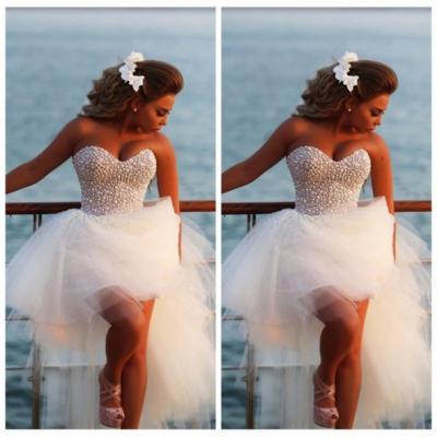 New Design High Low White Heavy Pearls Short Wedding Dress,A Line Sweetheart Front Short Long Back Wedding Gowns, Bridal Wedding Dresses, Fashion Prom Dress