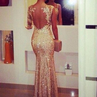 One Shoulder Long Sleeves Champagne Sequin Mermaid Prom Dress,See Through Back V Neck Lace Long Evening Dresses Prom,Sexy Fashion Women Dresses