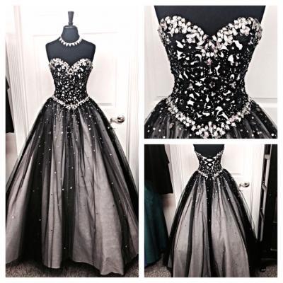 Black White Tulle Long Evening Prom Gowns,Sweetheart Beaded Bodice Quinceanera Dresses For Teens Juniors Dress,Prom Graduation Dresses