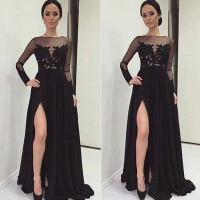 Black Lace Prom Dresses, High Neck Long Sleeves Prom Dress,A Line Front Split Evening Dress Prom ,Sexy Prom Gowns ,Mother of the Bridal Dresses,Graduation Dress