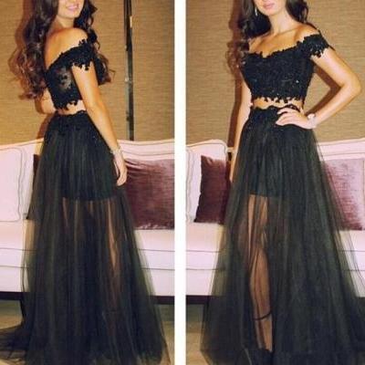 Short Drop Sleeves Black Lace Prom Dresses,Two Pieces Evening Prom Dress,Sexy See Through Prom Gowns,Sexy Back V Graduation Dress,Backless Evening Gown