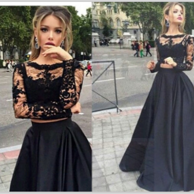 Long Sleeves Black Lace Prom Gowns,High Neck Two Pieces Prom Dresses,Mid Section Cheap Evening Gown,Wedding Party Gown For Sweet 16 Dresses,Graduation Dresses