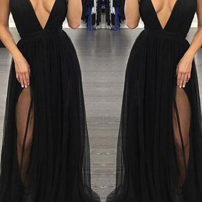 Sexy Deep V Neck Prom Dresses,A Line Spaghetti Straps Front Split Prom Dress,Cheap Black Chiffon Evening Prom Dresses,Elegant Prom Gowns,Long Evening Gowns