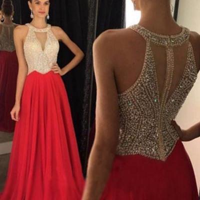 Hot Sales Champagne Tulle Red Skirt Prom Dresses,High Neck Heavy Beads Bodice Long Prom Dress,Deep V Neck Evening Prom Gowns,Fashion Women Dresses,Custom Made Evening Dresses,Mother of the Bridal Dress