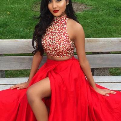 Hot Sales Red Prom Dresses,High Neck 2 Pieces Prom Dresses,A Line Front Split Prom Gowns Beads Bodice Evening Dresses,Prom Dress 2017,Long Evening Prom Dresses,Homecoming Dress