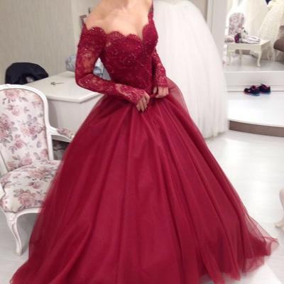 Long Sleeves Ball Gown Prom Dresses ,Burgundy Lace Prom Dresses,Sexy Wine Red Evening Prom Gowns,Quinceanera Dresses,Communication Dress,Custom Made High Quality Prom Dress