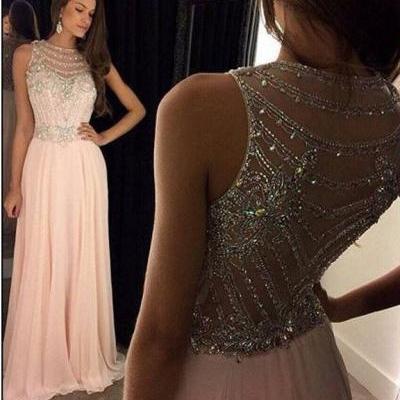 Dusty Pink Prom Dress, A Line Prom Dresses, Beading Evening Dresses with Crystals, Long Party Dresses, Prom Dress