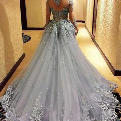 Ball GowN Prom Dresse, Princess Prom Dresses, Long Sleeves Prom Dress, Tulle Evening Dress, Gray Evening Dresses, Long Formal Dresses, Prom Dress