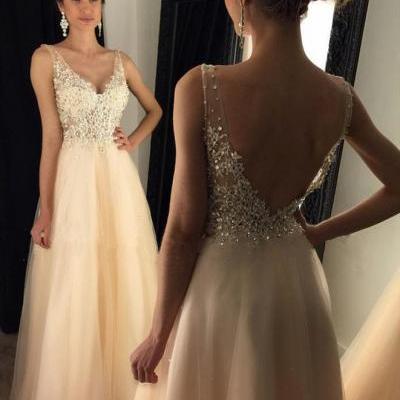 2017 Prom Dress, V-Neck Prom Dresses With Appliques, Beaded Long A-line Tulle Prom Dresses, Long Evening Dress, Prom Dress