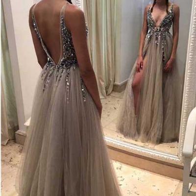 Backless Rhinestone prom dress, Sexy tulle prom dresses, Deep V-neck prom dresses, Tulle prom dress online, Long prom dress, Prom Dress