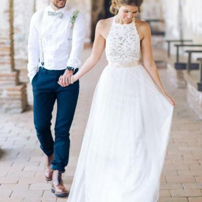 Simple Jewel Wedding Dresses, Sleeveless Long Wedding Dress, Lace Top Wedding Dress, White Tulle Wedding Dress, A-line Wedding Dress, Chic Garden Wedding Dress, Wedding Dress