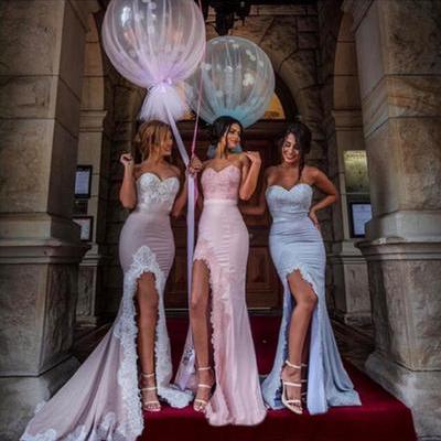 Custom Made Pastel Coloured Sweetheart Neckline Satin Mermaid Bridesmaid Dresses with Lace Applique