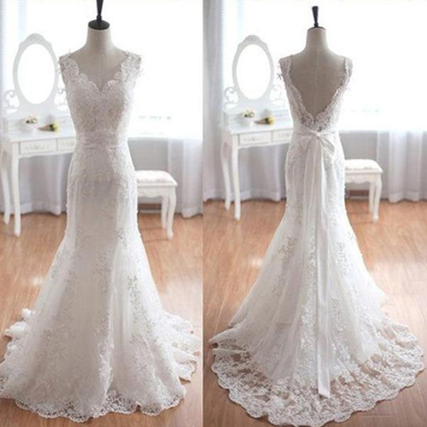 Popular Wedding Dresses, Elegant Wedding Dresses, V-neck Wedding Dresses, Long Wedding Dresses, Mermaid Wedding Dresses, White Lace Bridal Gown,