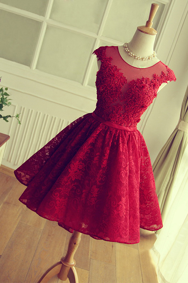 Luxurious Homecoming Dresses,scoop A-line Homecoming Dresses,short Homecoming Dress,red Homecoming Dresses,lace Homecoming Dress,sweet 16