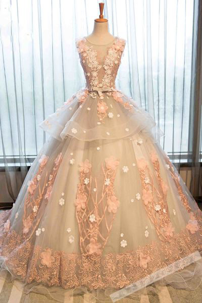 Champagne Quinceanera Dresses,organza Prom Dresses,lace Applique Round Neck Prom Dress,ball Gown Dress For Teens, Long Quinceanera Dresses,sweet