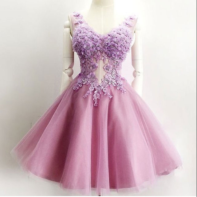 Lilac Homecoming Dresses,tulle Homecoming Dress With Appliques, V-neck Homecoming Dresses,short 2017 Hoco Dresses,short Homecoming Dress,mini