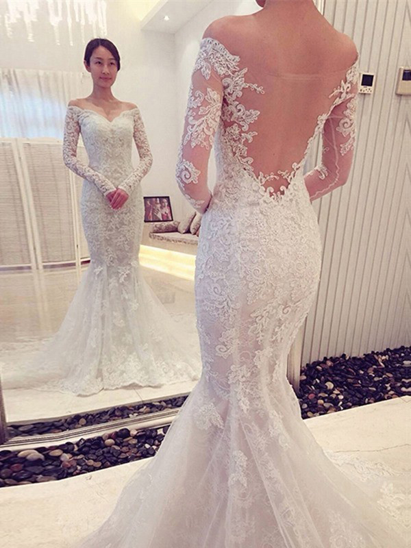 Trumpet/mermaid Wedding Dresses,off-the-shoulder Wedding Dresses,long Sleeves Wedding Dress,lace Wedding Dresses With Sweep/brush Train,sexy